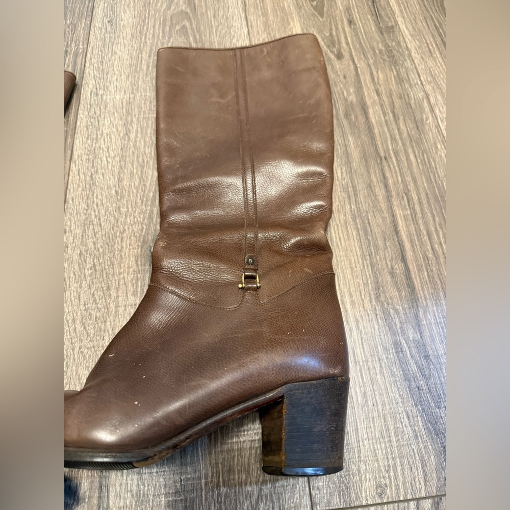 Gucci 1970s Horsebit Brown Leather Wood Stacked Heel Boots Size 8 - Picture 9 of 10